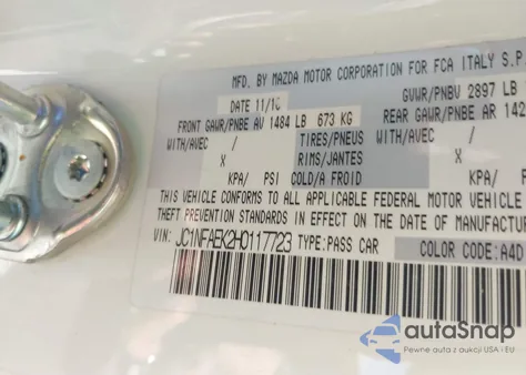 2017 Fiat 124 Spider Elaborazione Abarth z USA, uszkodzony, nr VIN JC1NFAEK2H0117723